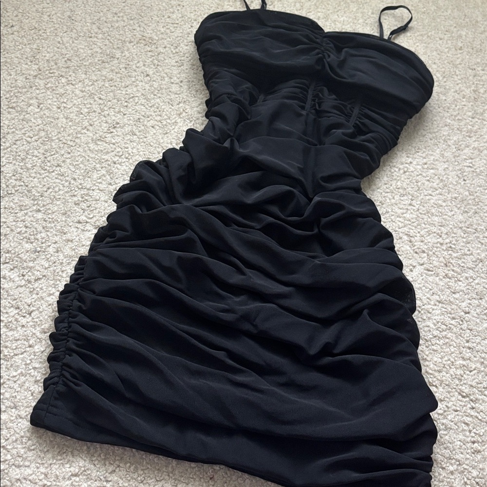 Black Ruched Mini Dress - Picture 2 of 4